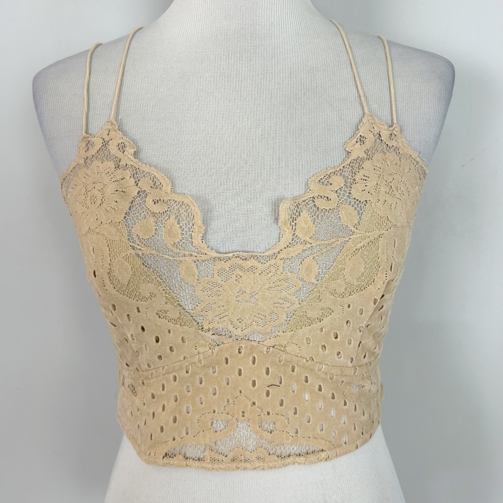 Free People FP One Crop Top Cami Tan Lace Eyelet Smocked Back Size Large Women's